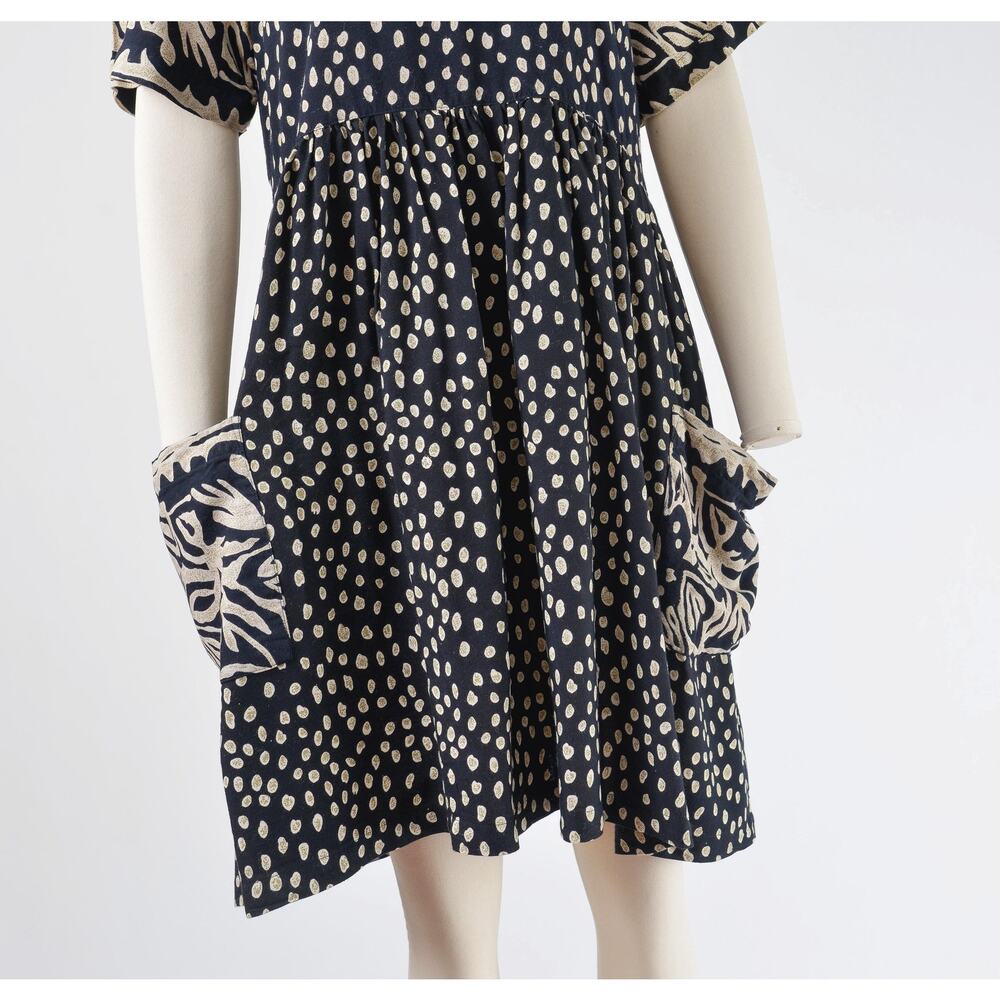 Vintage 90s Black Beige Polka Dot Boho Babydoll Dress with Pockets size S M - Picture 6 of 8